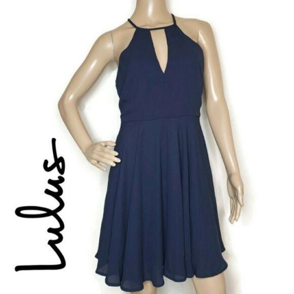 Lulus Navy Blue Keyhole Halter Dress Flared A-Line Sleeveless Back Zipper Size M - Picture 3 of 12